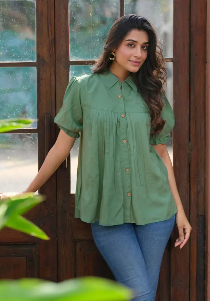 Buy Heavy Rayon Solid Green Half Sleeve Tunic Women’s Fashion Online - We Shine