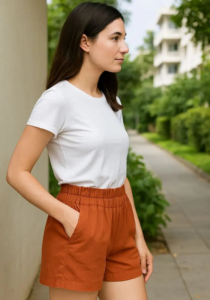 Buy Women's Premium Handwoven Rust Cotton Shorts Women’s Fashion Online - We Shine