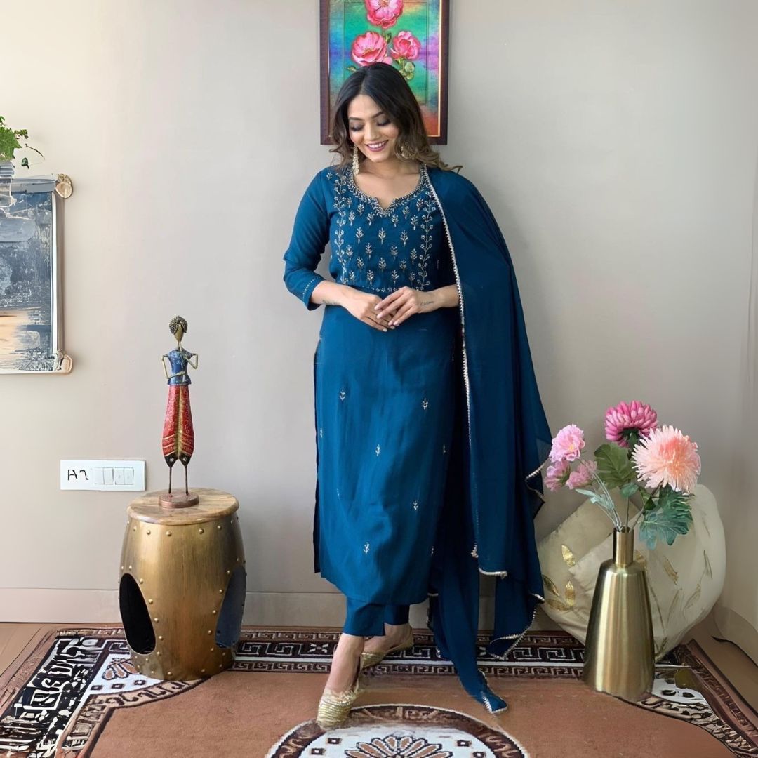Teal Blue Embroidered Rayon Slub Suit Set with Chinnon Dupatta