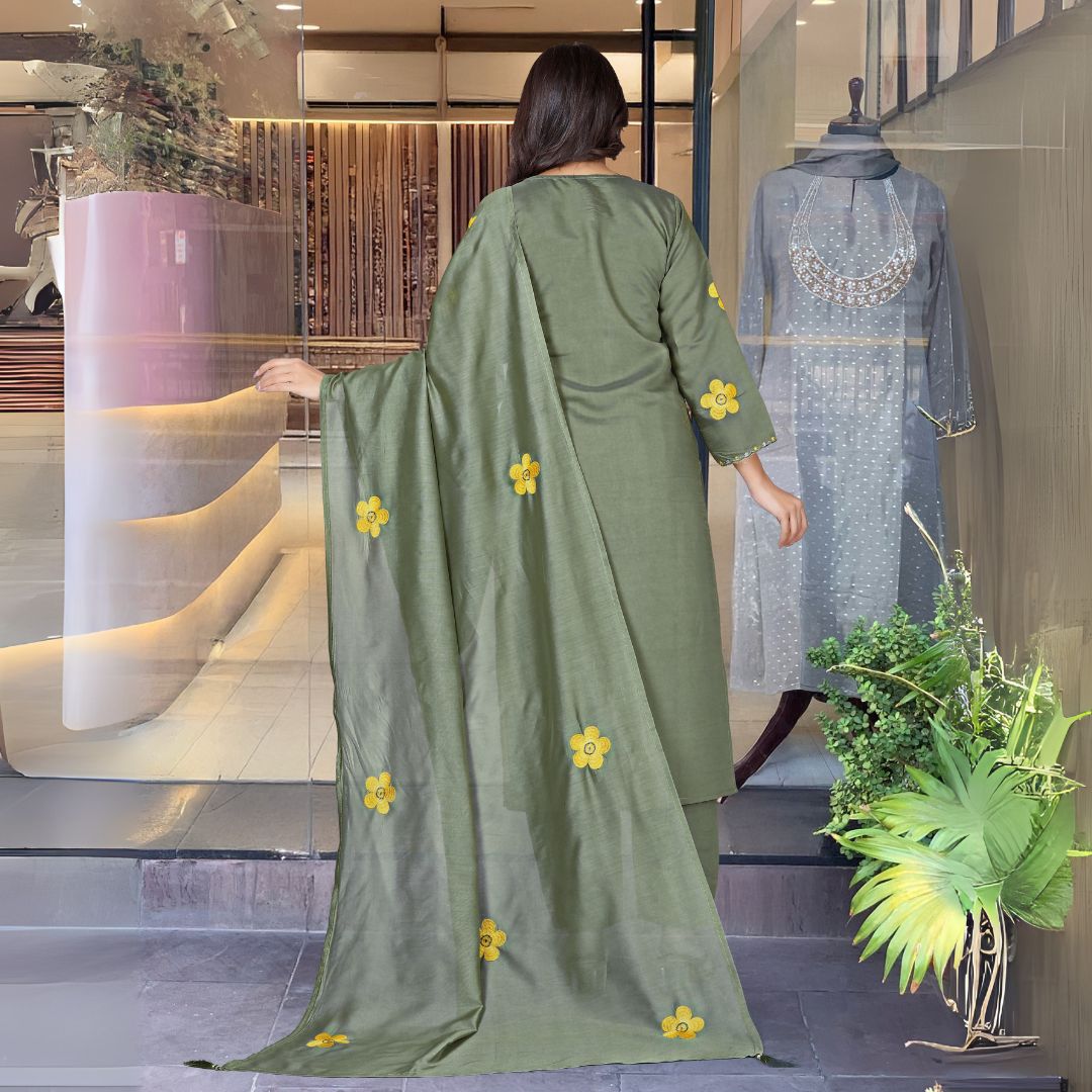 Gulbano Olive Green Chanderi Silk Embroidered Kurta Set with Dupatta