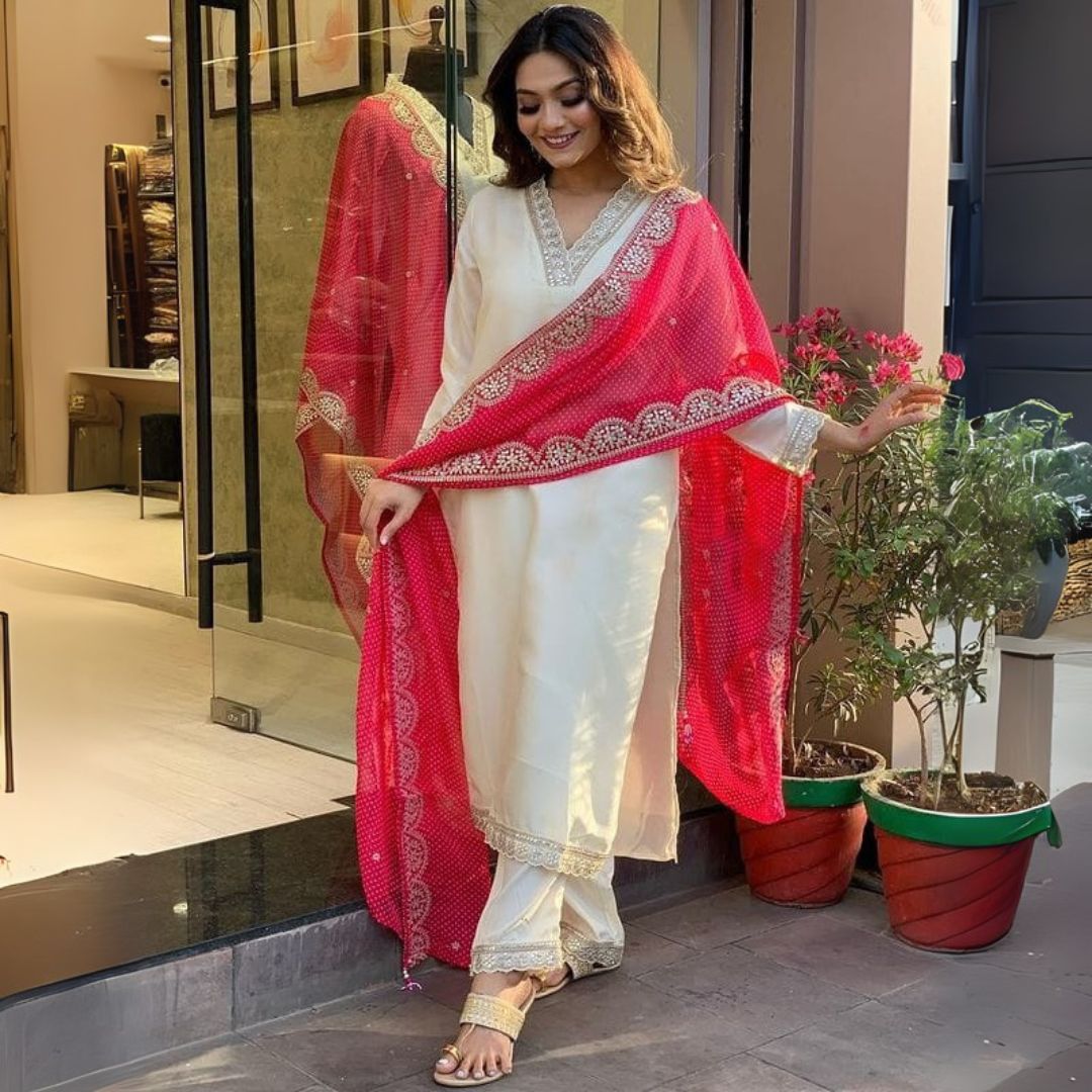 Elegant Off-White Chanderi Suit Set with Red Muslin Dupatta & Gorgeous Embroidery Work