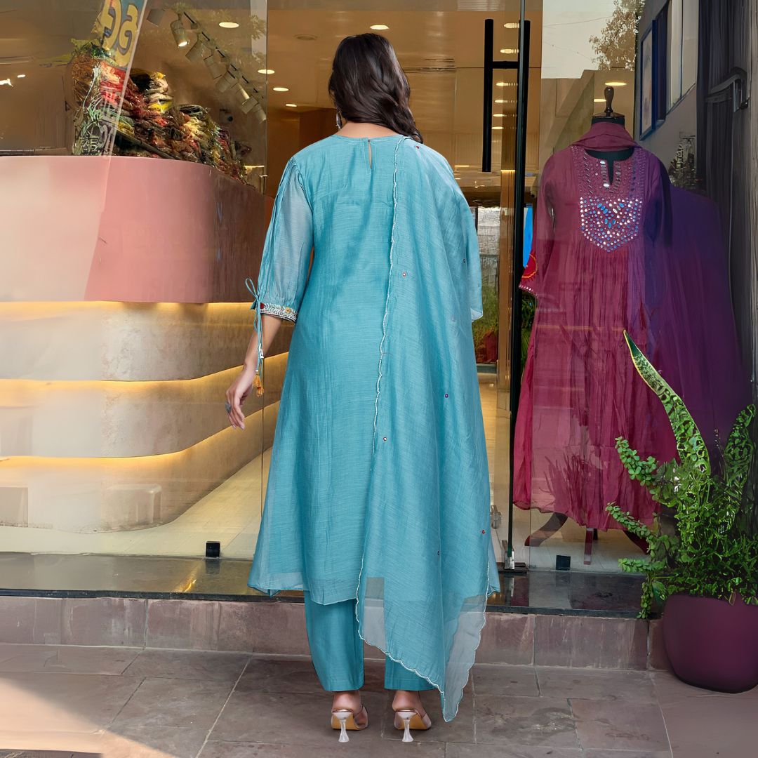 Turquoise Chanderi Silk Embroidered Suit Set with Organza Dupatta