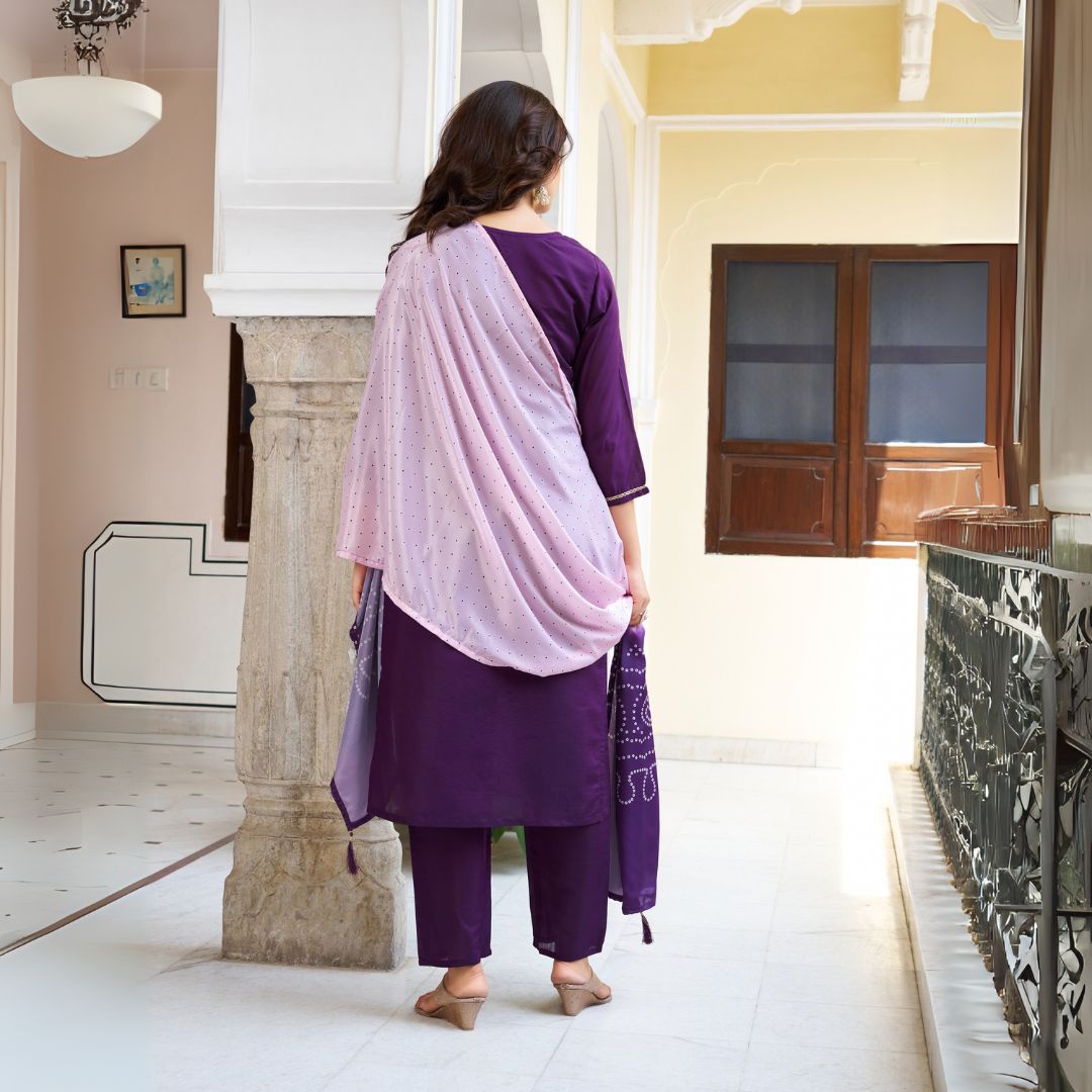 Royal Purple Chanderi Silk Embroidered Suit Set with Ombre French Crepe Dupatta
