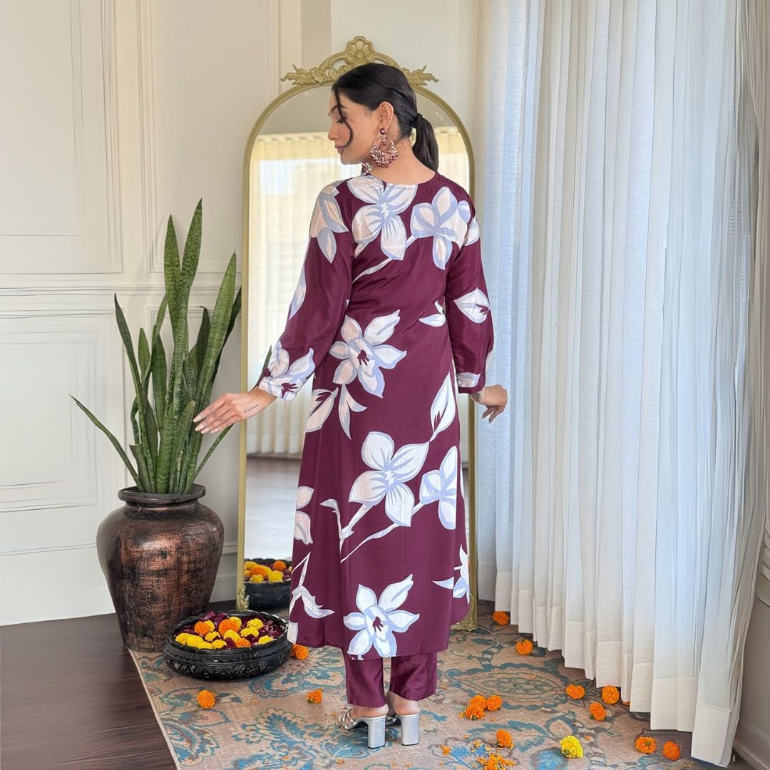 Elegant Maroon Floral Embroidered Kurta Set with Chanderi Dupatta