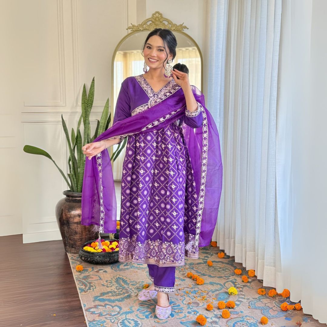 Royal Purple Chanderi Silk Embroidered Suit with Organza Dupatta