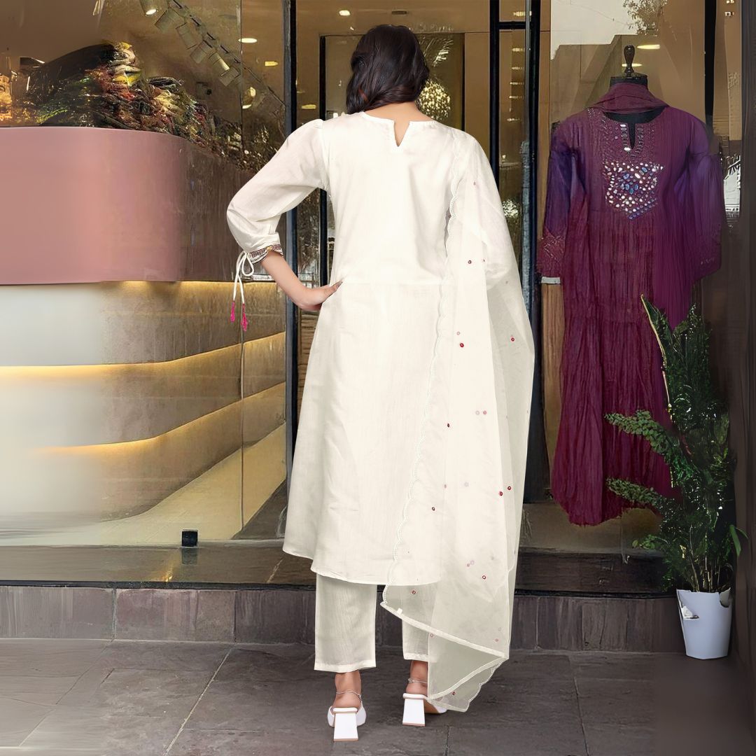 Elegant Ivory Chanderi Silk Kurta Set with Embroidered Detailing & Organza Dupatta