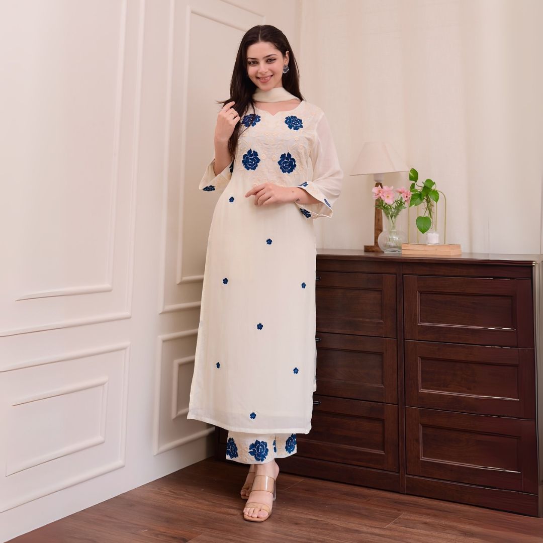 Elegant Cream Embroidered Rayon Slub Kurta Set with Chanderi Dupatta