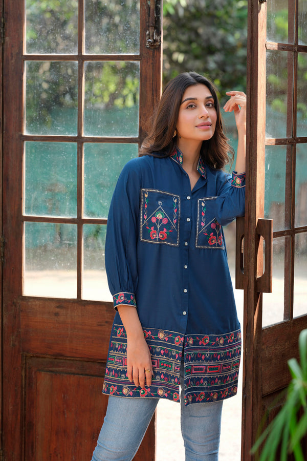 Blend Rayon Heavy Embroidery Blue Tunic