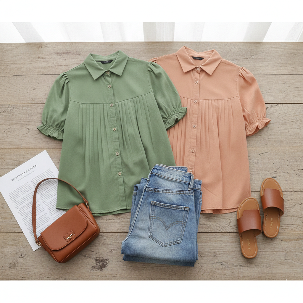 Stylish Peach & Green Puff Sleeve Pleated Top for Women