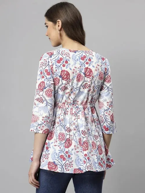 Buy White & Red Rayon Floral Print Top Women’s Fashion Online - We Shine India