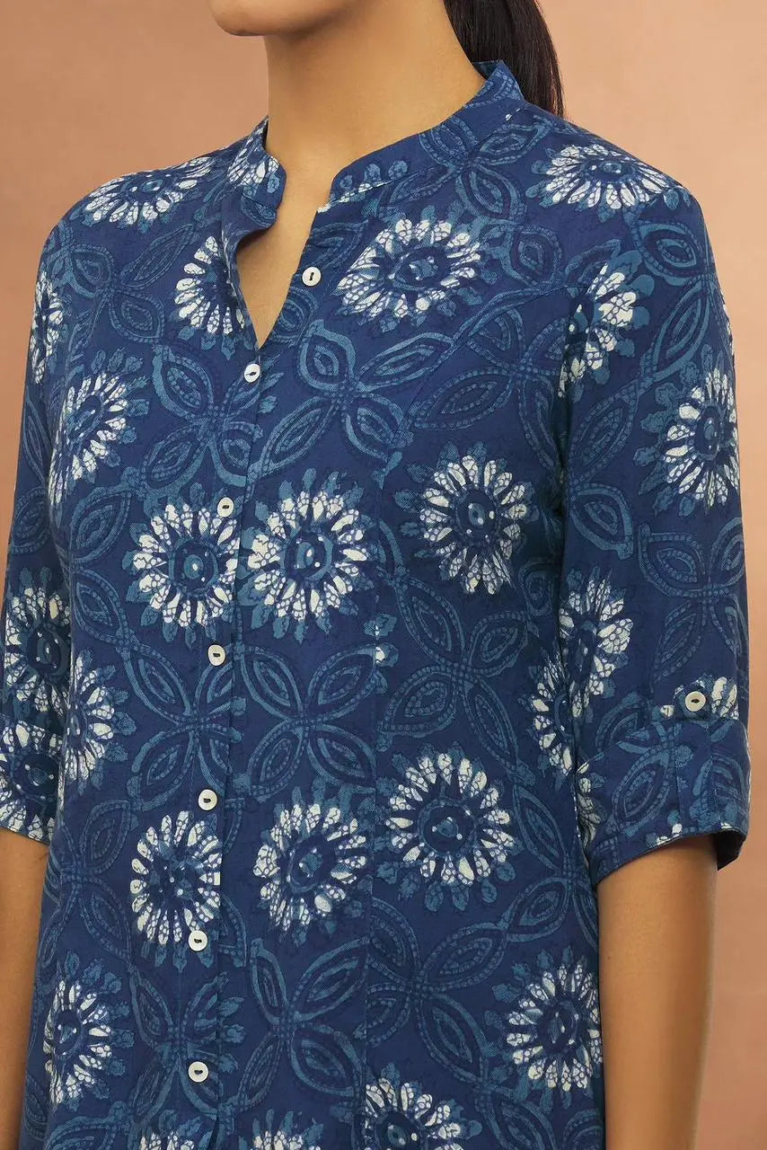 Buy Blue Rayon Floret Print Tab Sleeve Shirt Top Women’s Fashion Online - We Shine India