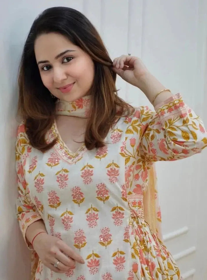 Buy Orange Cotton Afghani Kurti With Pant & Dupatta Set Women’s Fashion Online - We Shine