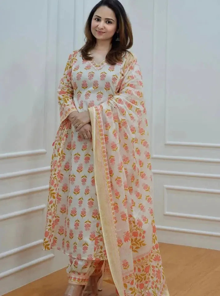 Buy Orange Cotton Afghani Kurti With Pant & Dupatta Set Women’s Fashion Online - We Shine