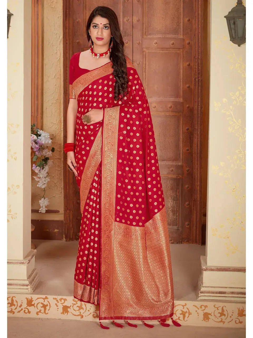 Buy Red Banarasi Pure Silk Saree Women’s Fashion Online - We Shine India