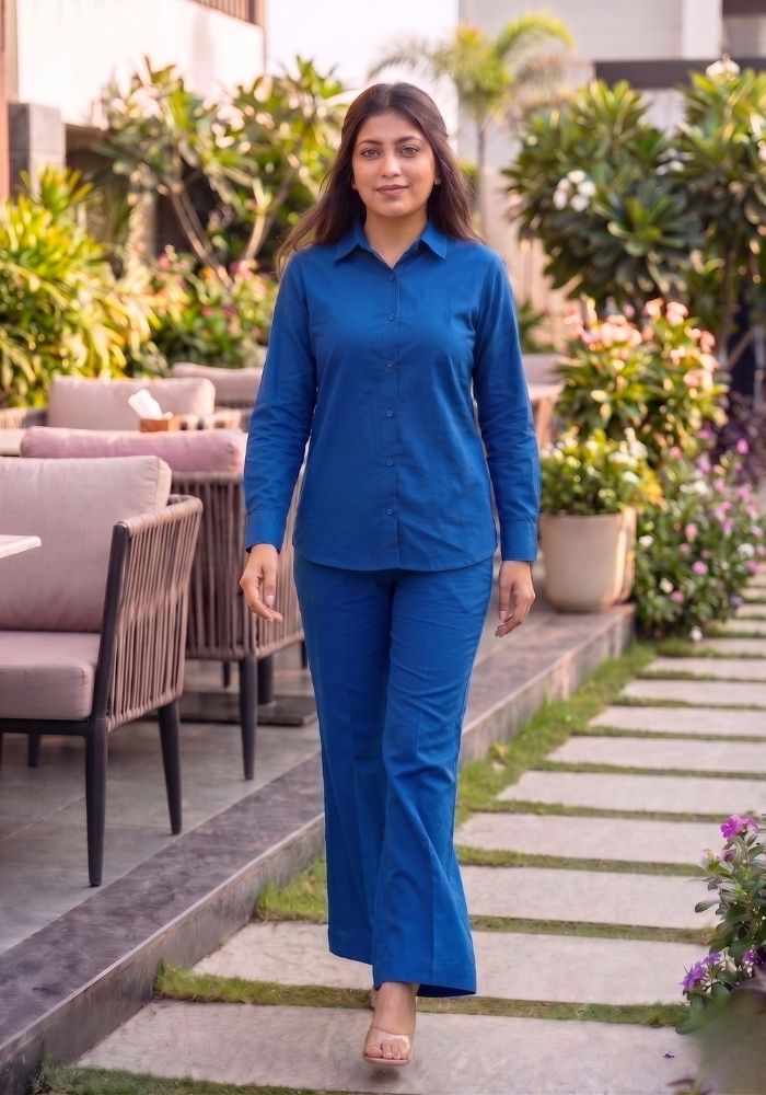 Women’s Cotton Shirt &amp; Flared Pant Blue Co-Ord Set
