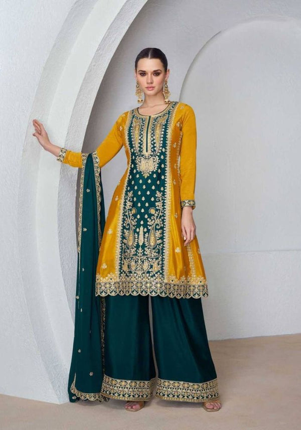 Chinon Embroidered Full Stitched Top, Bottom & Dupatta Set with Santoon Inner