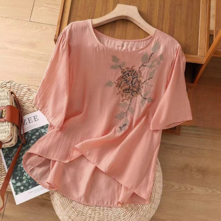 Floral Embroidered Cotton Linen Top | Oversized Layered Hem Blouse