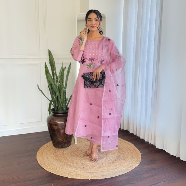 Lavender Embroidered Chanderi Silk Suit Set with Organza Dupatta