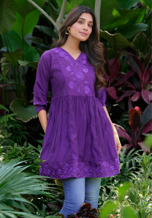 Heavy Silk Purple Embroidery Stylish Tunic for Women