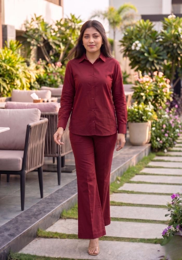 Women’s Cotton Shirt &amp; Flared Pant Maroon Co-Ord Set