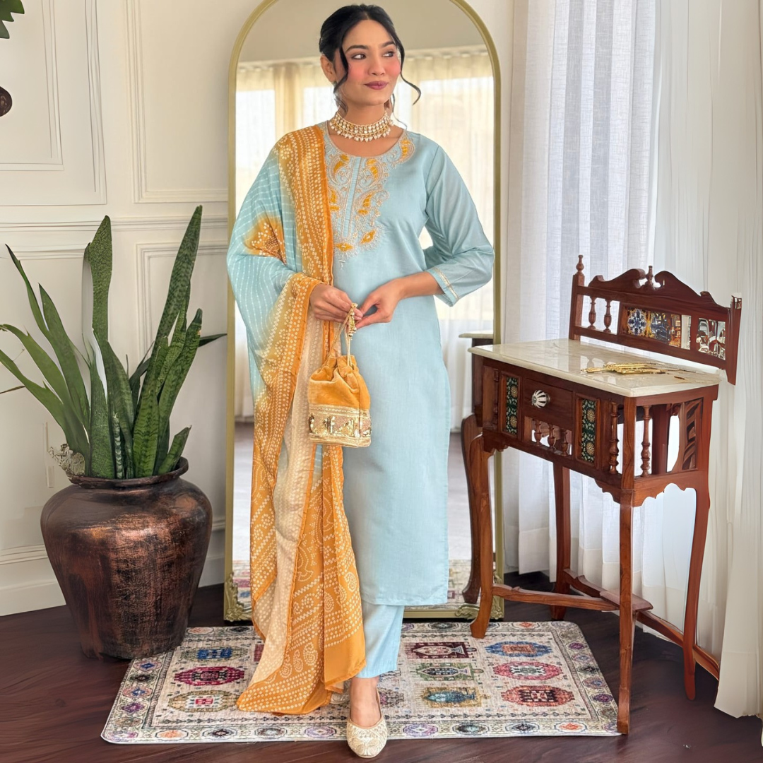 Gulnaar Bandhej Dupatta Set – Powder Blue Embroidered Elegance