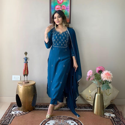 Teal Blue Embroidered Rayon Slub Suit Set with Chinnon Dupatta