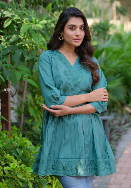 Heavy Silk Green Embroidery Stylish Tunic for Women
