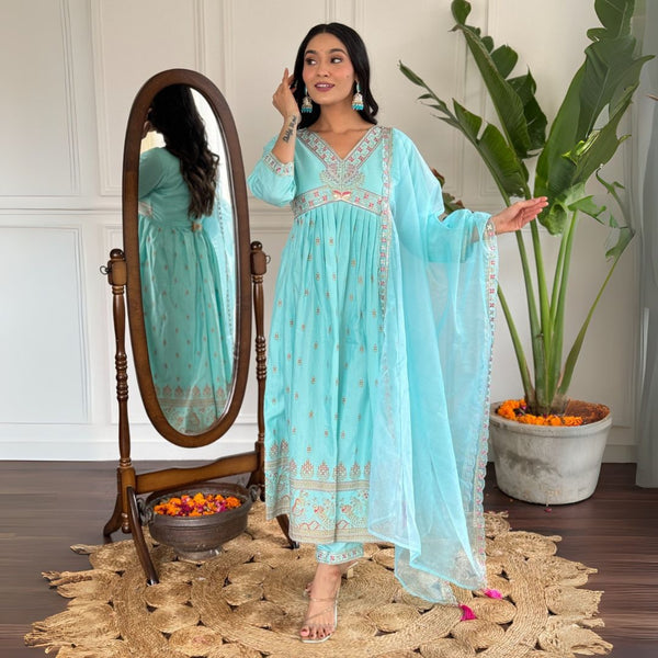 Elegant Aqua Blue Embroidered Kurta Set with Organza Dupatta