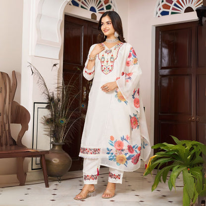 Ivory Bloom Embroidered Chanderi Silk Suit Set with Floral Dupatta