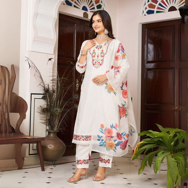 Ivory Bloom Embroidered Chanderi Silk Suit Set with Floral Dupatta