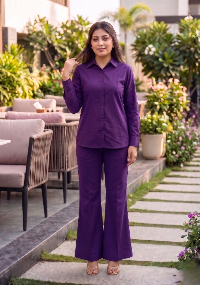 Women’s Cotton Shirt &amp; Flared Pant Purple Co-Ord Set