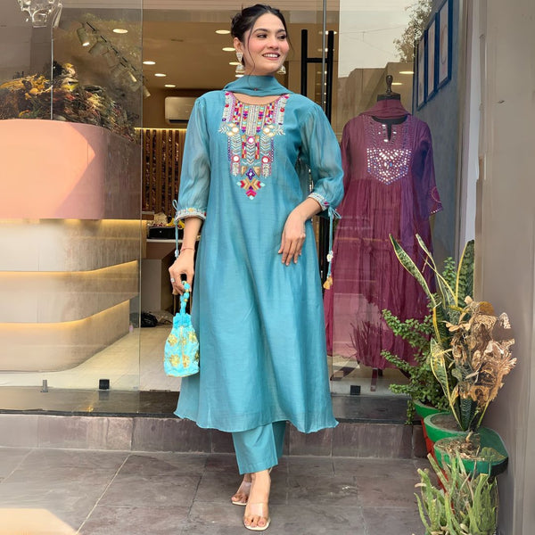 Turquoise Chanderi Silk Embroidered Suit Set with Organza Dupatta