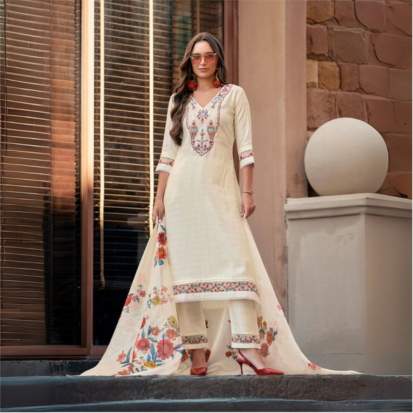Ivory Bloom Embroidered Chanderi Silk Suit Set with Floral Dupatta