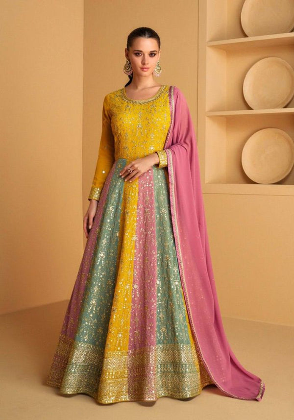 Faux Georgette Embroidered Full-Stitched Gown with Santoon Inner & Bottom