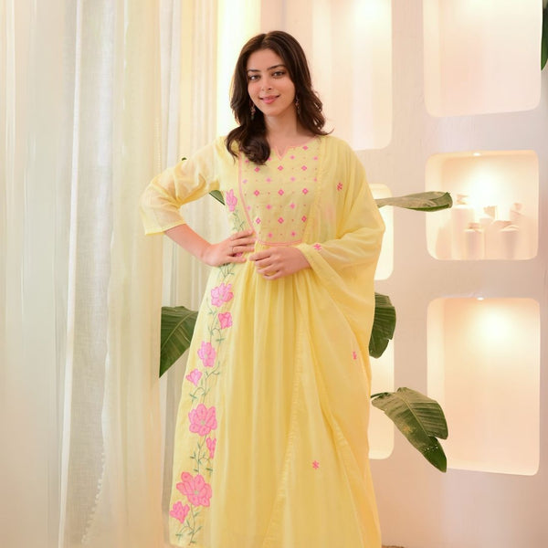 Sunshine Blossom Embroidered Suit Set with Parampara Silk with Organza Dupatta