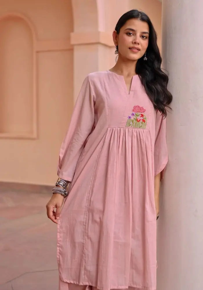 Buy Elegant Light Pink Cotton Kurta with Floral Embroidery  Women’s Fashion Online - We Shine