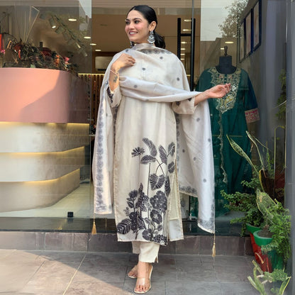 Elegant White Embroidered Chinon Silk Kurta Set with Printed Dupatta