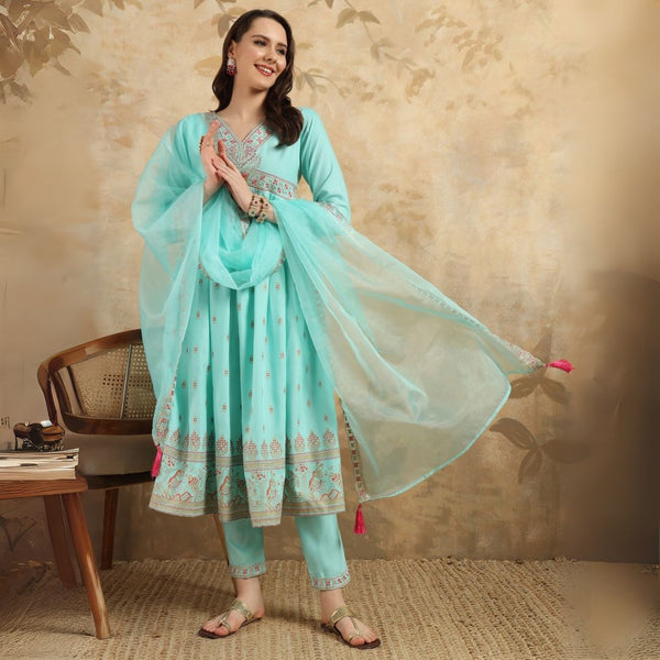 Elegant Aqua Blue Embroidered Kurta Set with Organza Dupatta