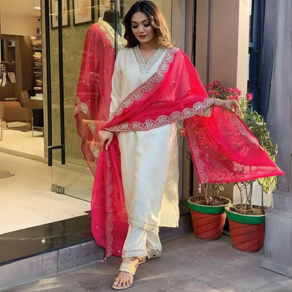Elegant Off-White Chanderi Suit Set with Red Muslin Dupatta & Gorgeous Embroidery Work