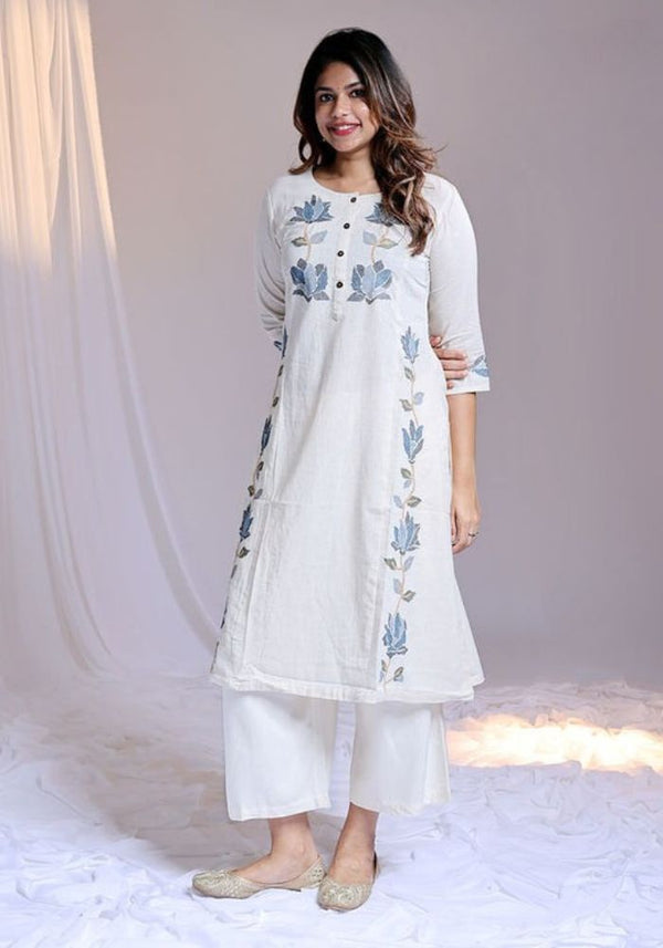 Round Neck Floral Threadwork Design White Cotton Salwar Set