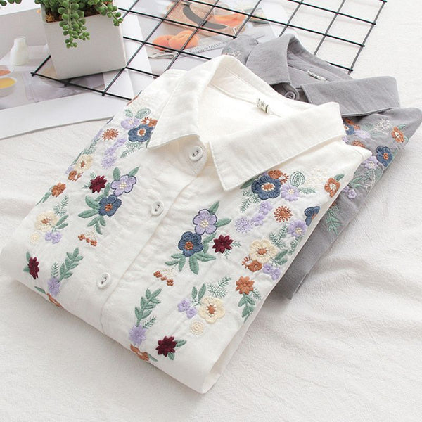 Women's Floral Embroidery Shirt - Soft Cotton Long Sleeve Top