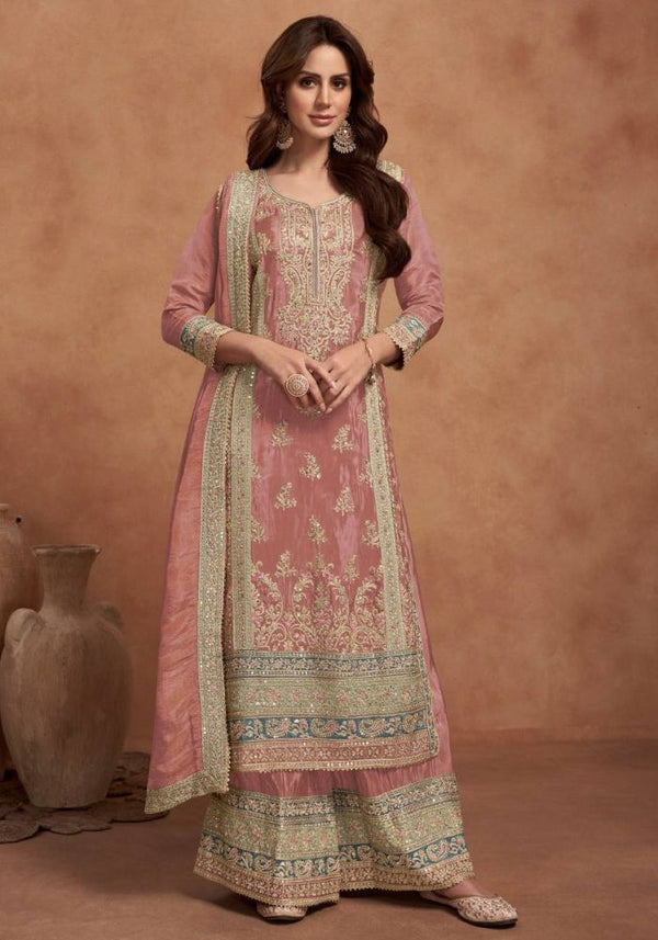 Chinon Embroidered Full StitchedTop, Bottom, and Dupatta Set with Santoon Inner