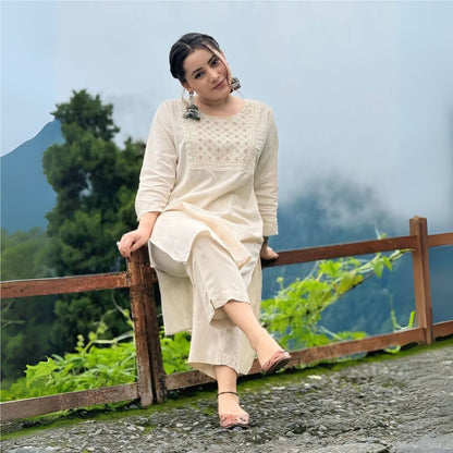 Elegant Heavy Silk Embroidered Yoke Kurta & Pant Set