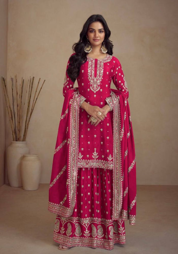 Chinon Embroidered Top, Bottom & Dupatta Set with Santoon Inner