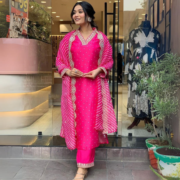 Radiant Fuchsia Viscose Suit Set with Embroidery & Muslin Dupatta