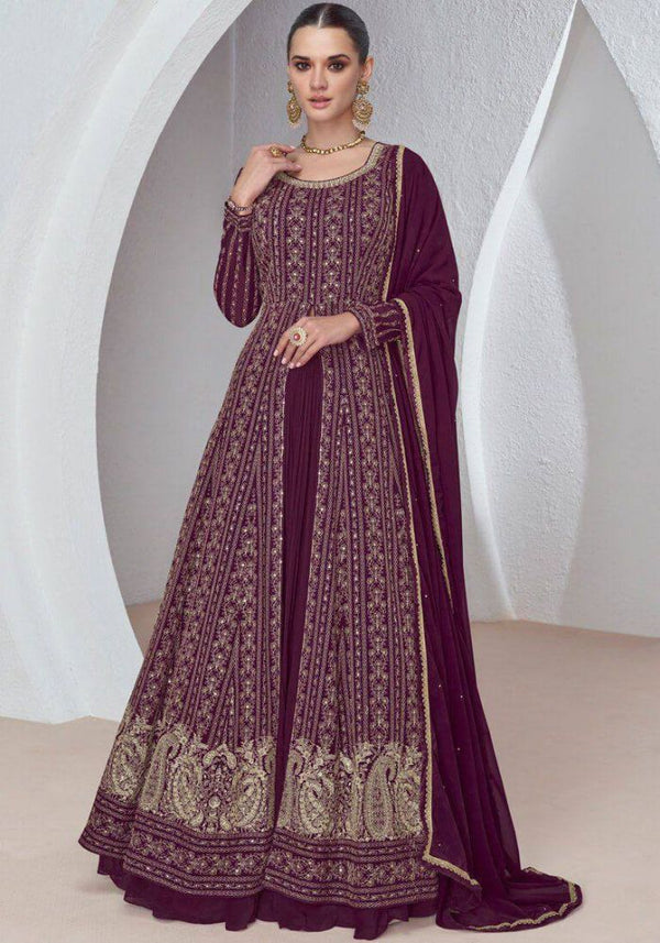 Faux Georgette Embroidered Full-Stitched Gown with Matching Skirt & Dupatta - Elegant Design