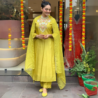 Radiant Mustard Yellow Embroidered Chanderi Suit Set