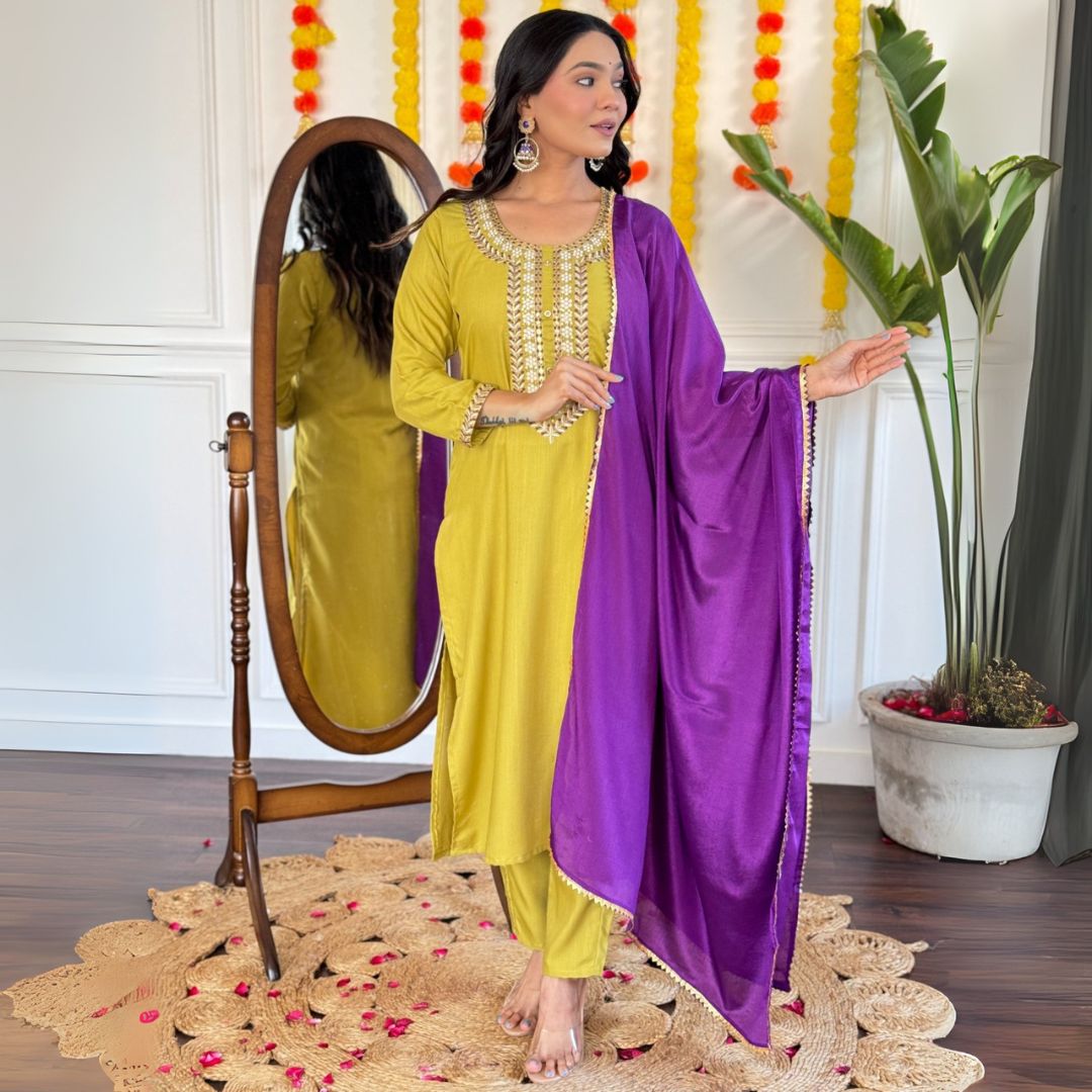 Olive-Gold Embroidered Suit Set with Royal Purple Dupatta