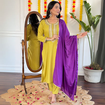 Olive-Gold Embroidered Suit Set with Royal Purple Dupatta