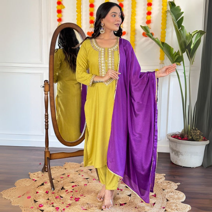 Olive-Gold Embroidered Suit Set with Royal Purple Dupatta
